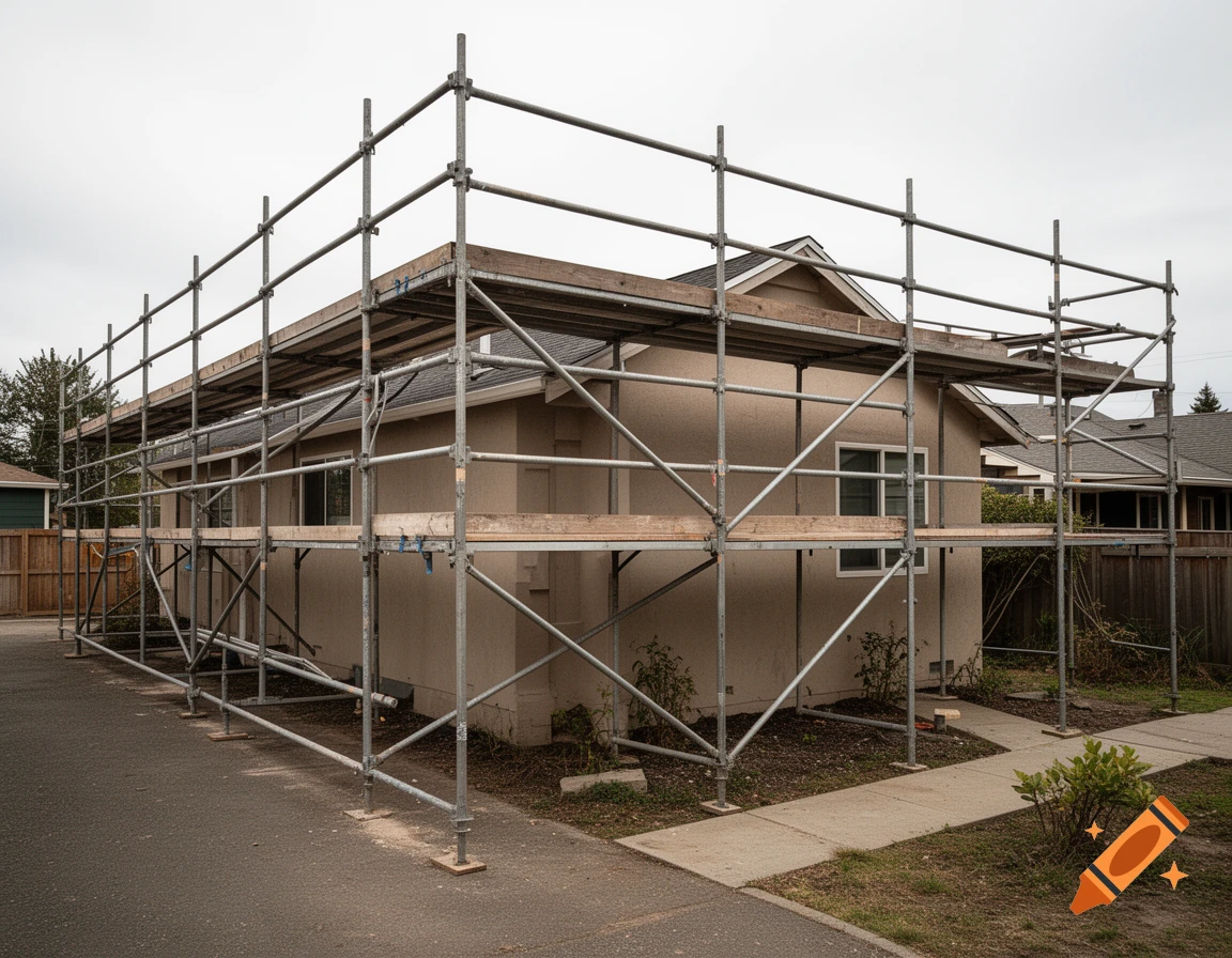 Photorealistic image of metal scaffolding surrounding a small one-story house.
