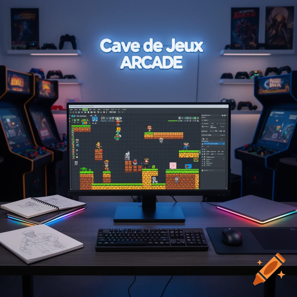 A desk setup featuring a computer monitor displaying a 2D pixel art game level, a keyboard, mouse, notebooks, and arcade cabinets in the background.