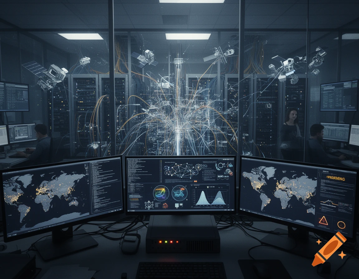 A dark control room with multiple monitors displaying world maps, data graphs, and code, with futuristic holographic satellite displays.