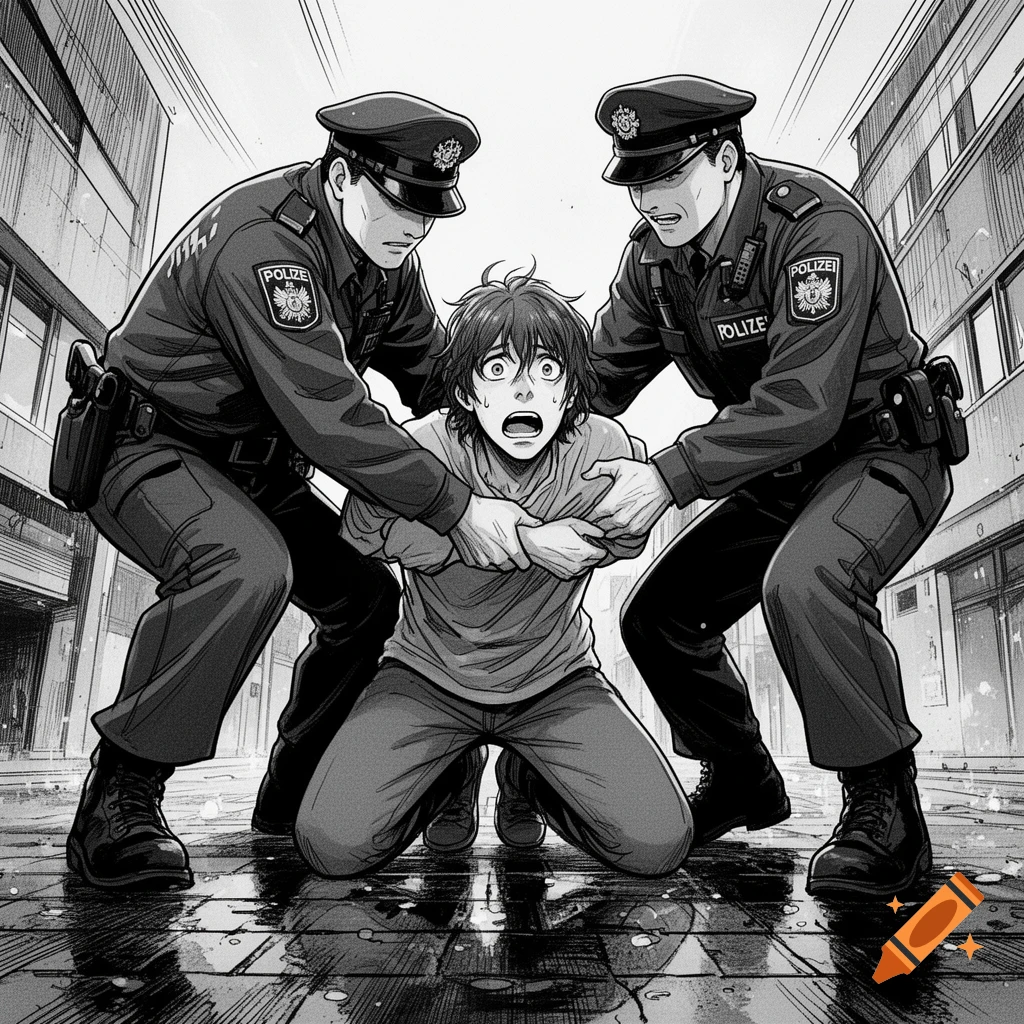 Black and white graphic novel style image of two police officers restraining a frightened person in an urban street.