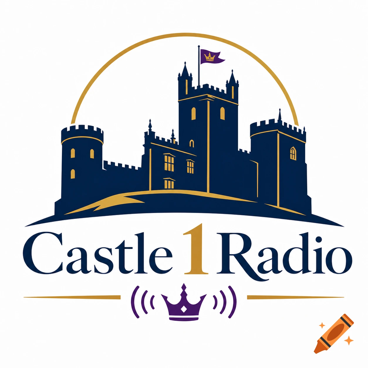 Logo for Castle 1 Radio featuring a blue and gold castle silhouette and a crown.