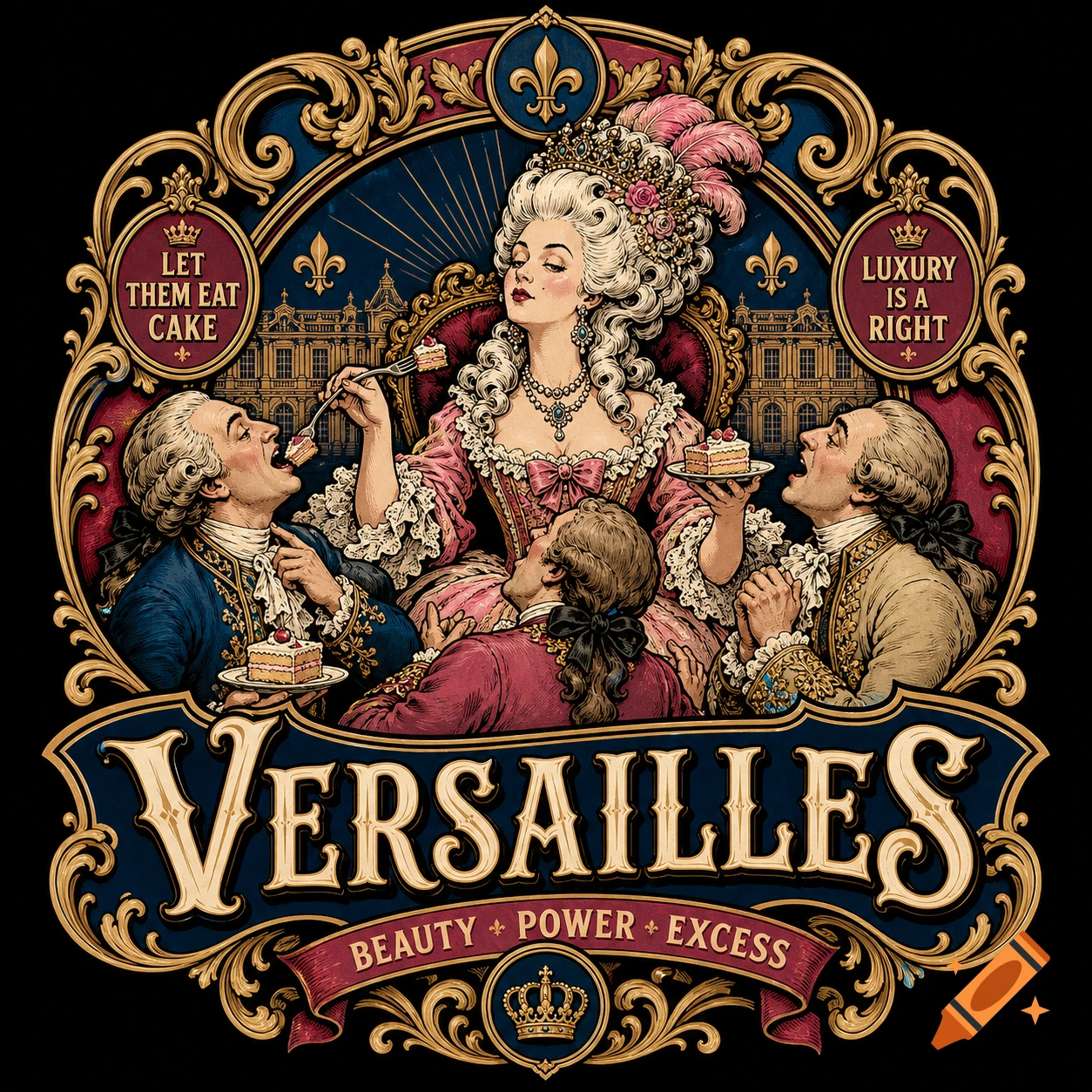Decorative vintage-style illustration of Marie Antoinette feeding cake to three men, with text Versailles, Let Them Cake, and Luxury is a Right.