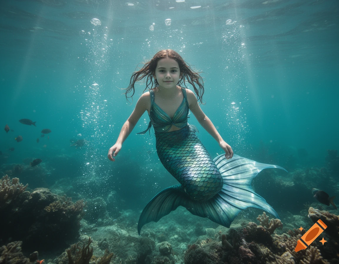 Photorealistic underwater portrait of a young mermaid swimming among coral reefs and bubbles.
