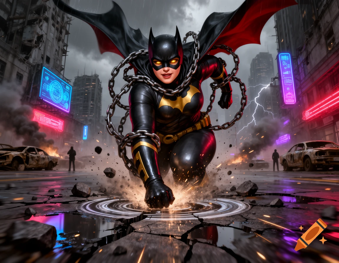 Plus-sized Batgirl-inspired superhero in chains landing forcefully on a dystopian city street, photorealistic style.