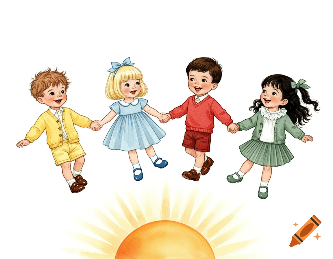 Watercolor children's book illustration of four young children dancing hand-in-hand above a half-sun against a white background.