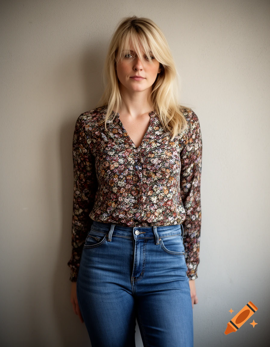 Photorealistic portrait of a blonde woman with bangs wearing a floral blouse and blue jeans, leaning against a neutral wall.