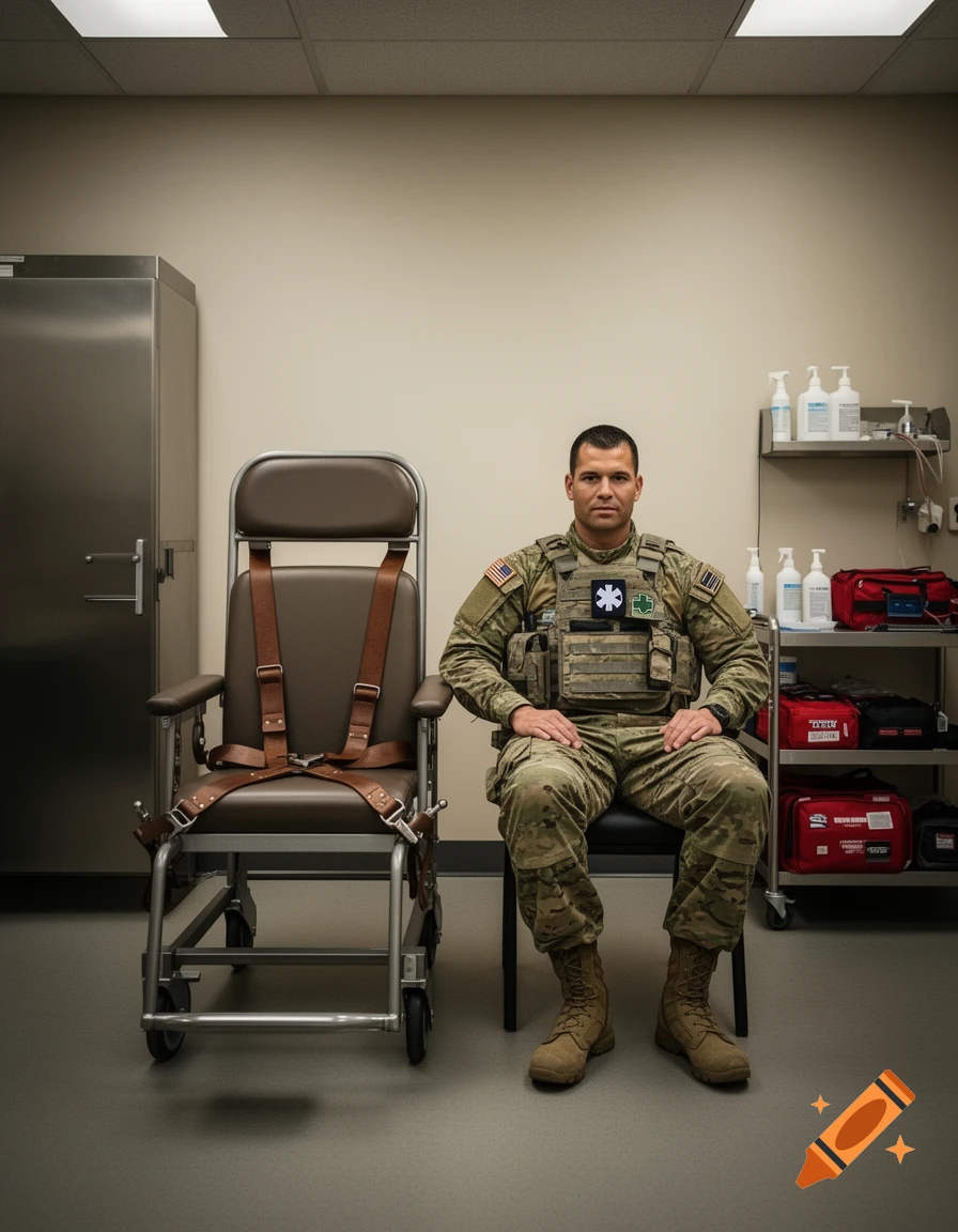 Photorealistic portrait of a male American soldier medic sitting in a medical room next to a strapped medical chair.