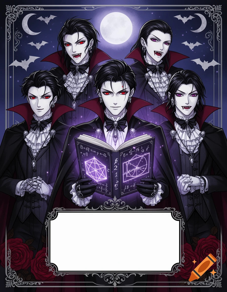 Manga-style illustration of five handsome male vampires in black suits and capes holding a magic book filled with math formulas.