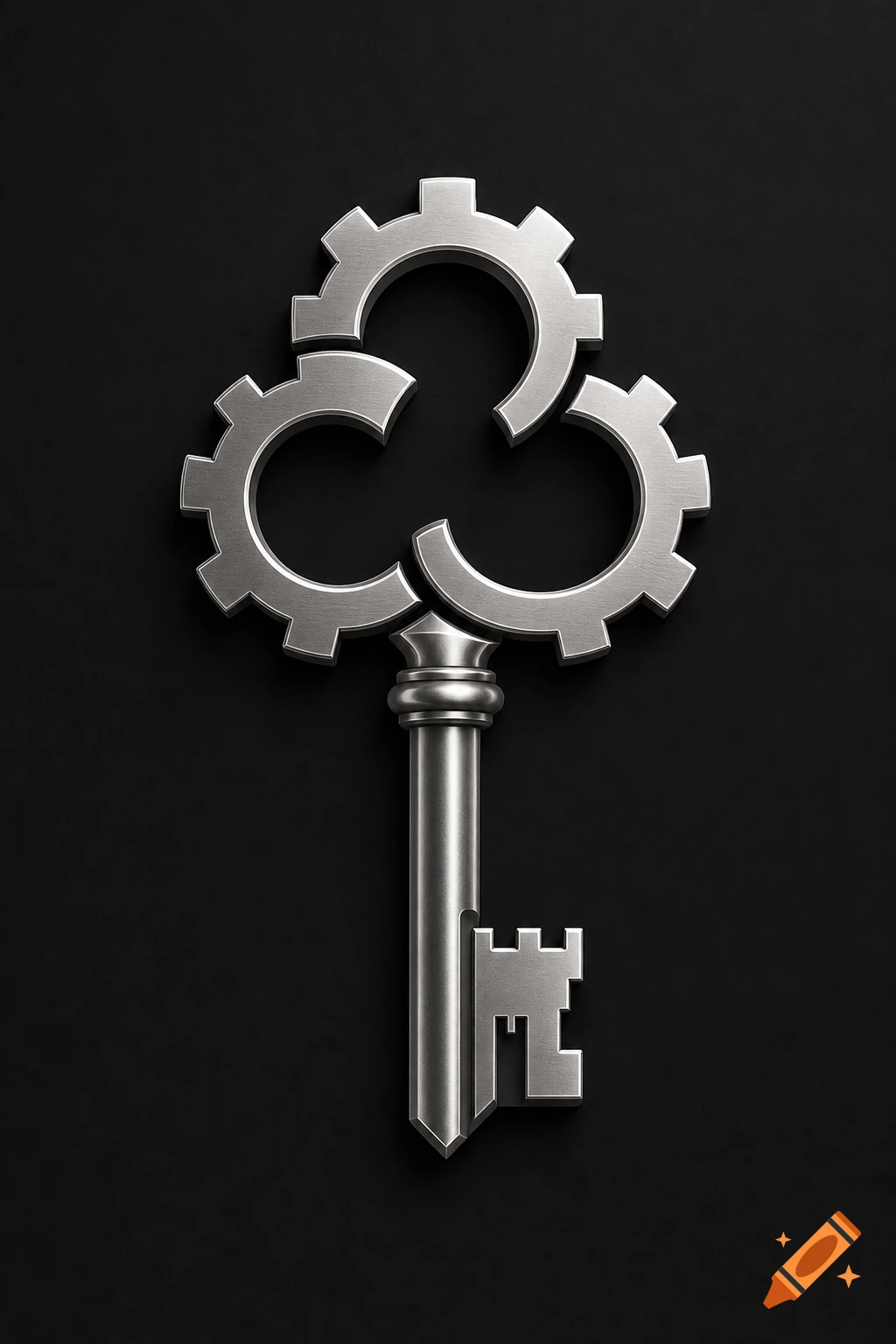 Platinum-silver mechanical key with a tri-lobed gear head against a dark textured background.