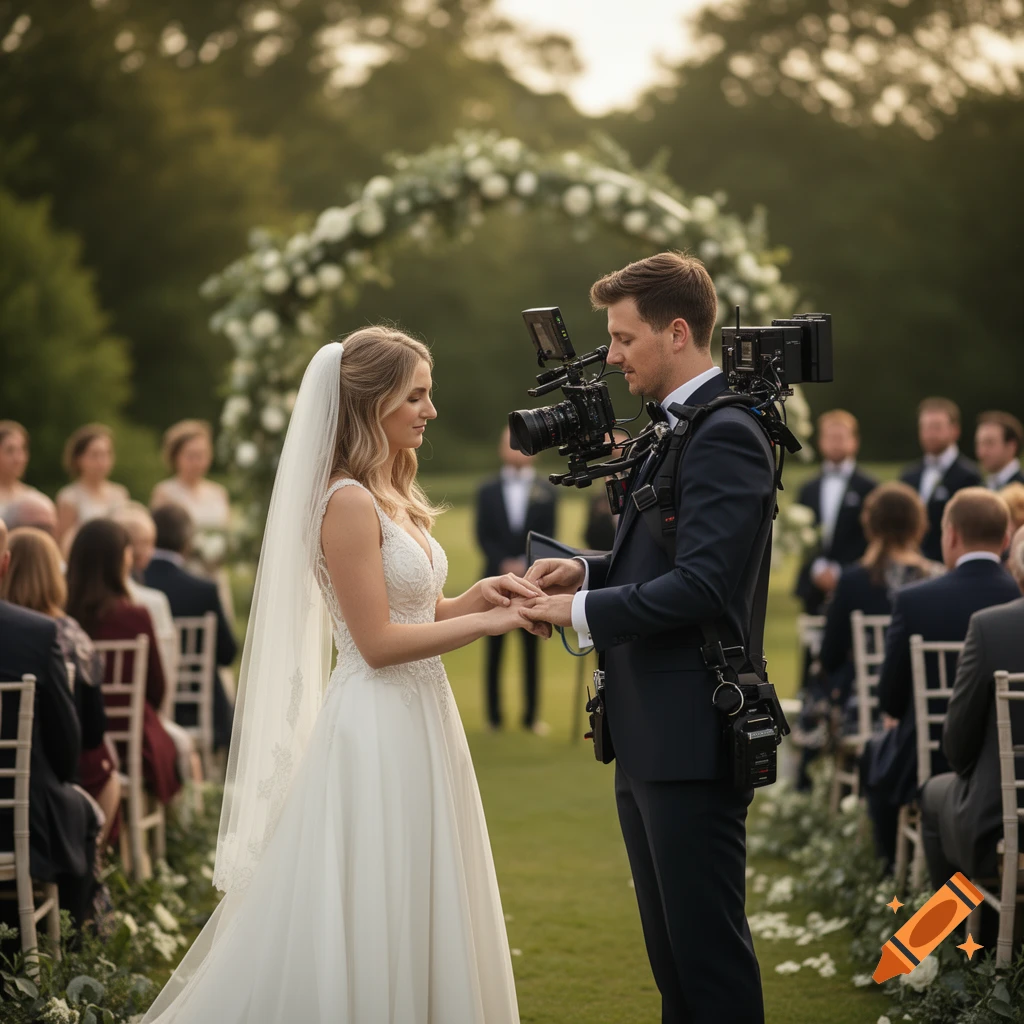 Photorealistic image of a bride and groom at an outdoor wedding ceremony, with the groom wearing a camera rig.
