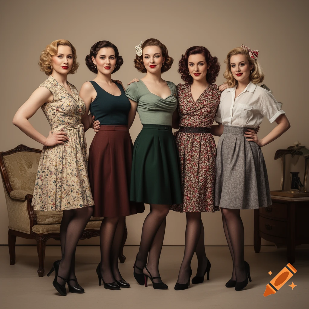 Realistic vintage pin-up photo of five women standing together in 1950s outfits and hairstyles.
