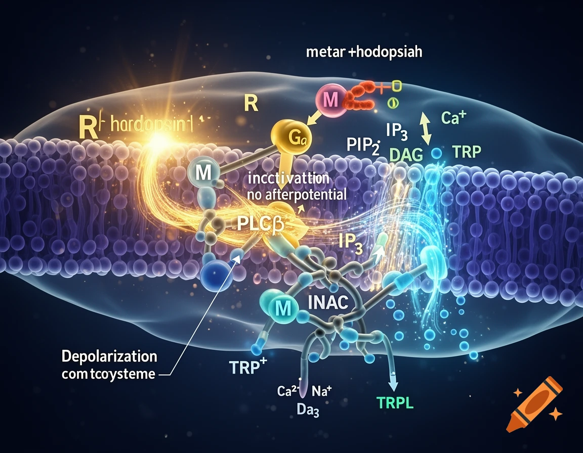 Scientific diagram of rhodopsin conversion and ion channel activation across a cell membrane, with German and English labels.