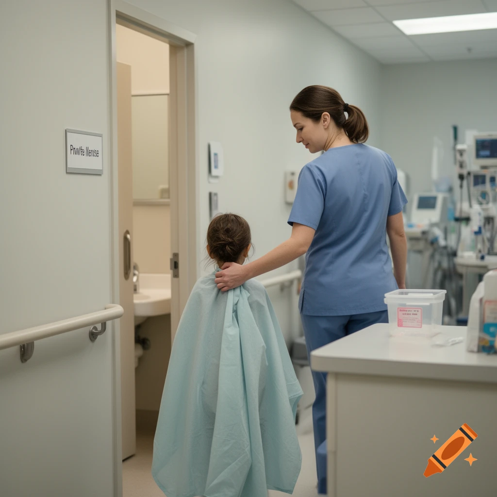 A female medical provider in scrubs guiding a young patient draped in a blue cape down a hospital hallway toward a restroom.