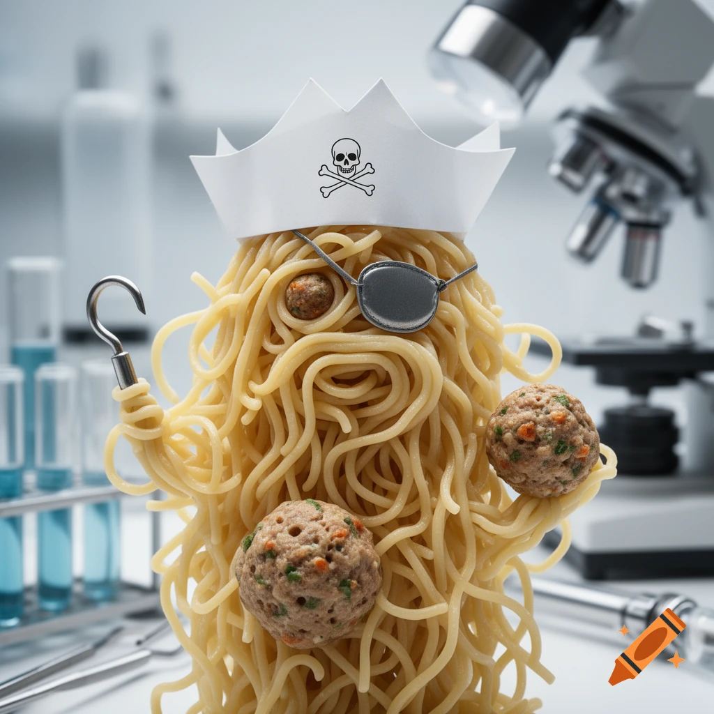 Macro photograph of the Flying Spaghetti Monster wearing a pirate hat and eyepatch in a laboratory setting.
