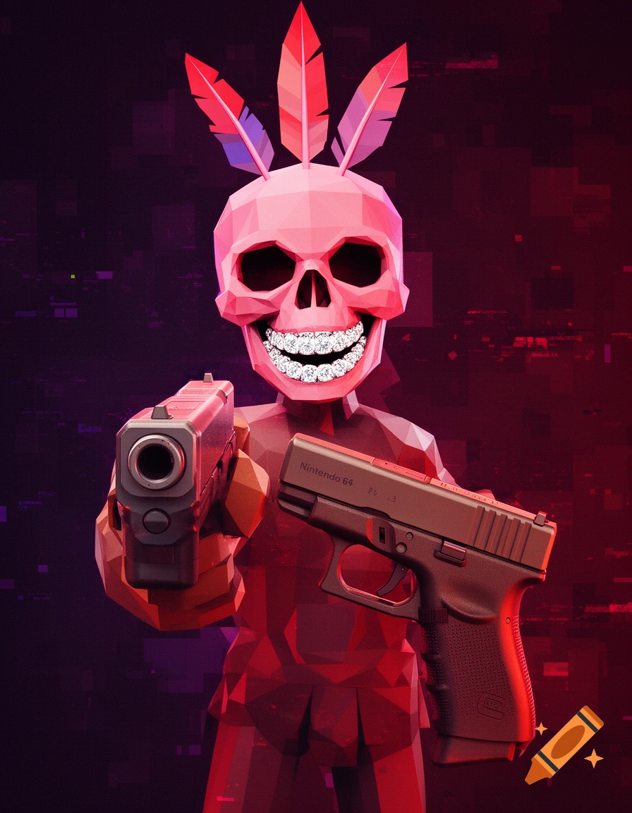 Low-poly pink skull shaman with three feathers and diamond grillz pointing a realistic Glock pistol, internet meme style.