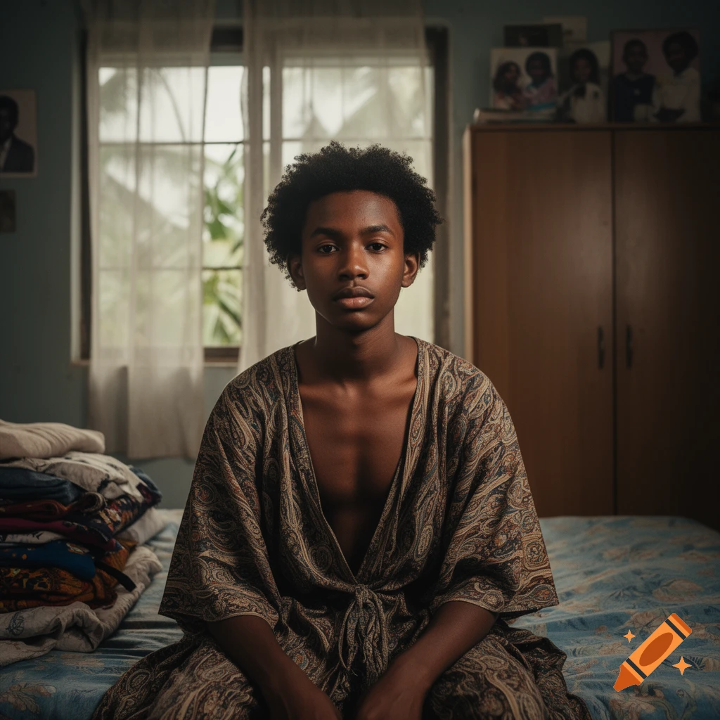Photorealistic portrait of a young Black person with short curly hair sitting on a bed in a room with a window and a wardrobe.