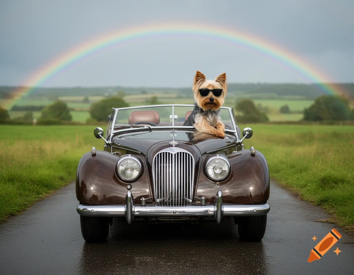 Photorealistic image of a Yorkshire terrier wearing sunglasses, sitting behind the steering wheel of a vintage convertible car on a wet road with a rainbow in the background.