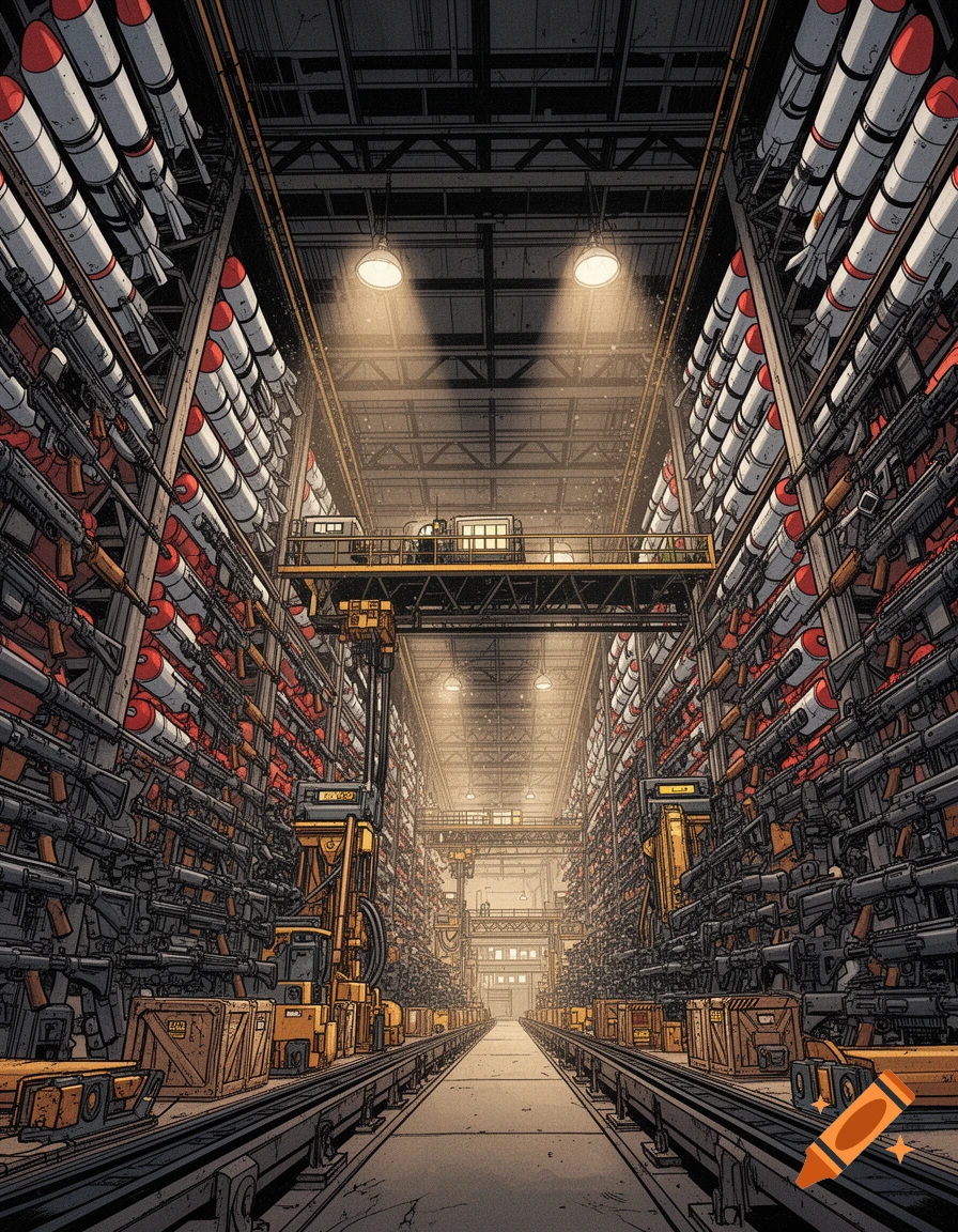 Comic style illustration of a massive underground ammunition and weapons depot with stacked missiles and rifles.