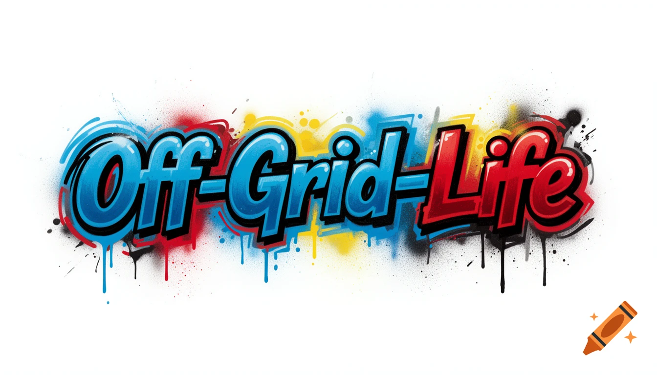 Colorful graffiti lettering spelling 'Off-Grid-Life' with blue, red, and yellow spray paint drips on a white background.