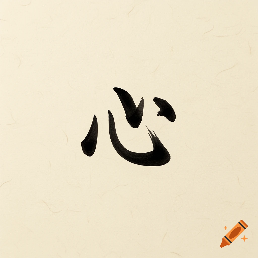 Black Japanese kanji symbol for heart or mind, painted in calligraphy style on textured beige paper.