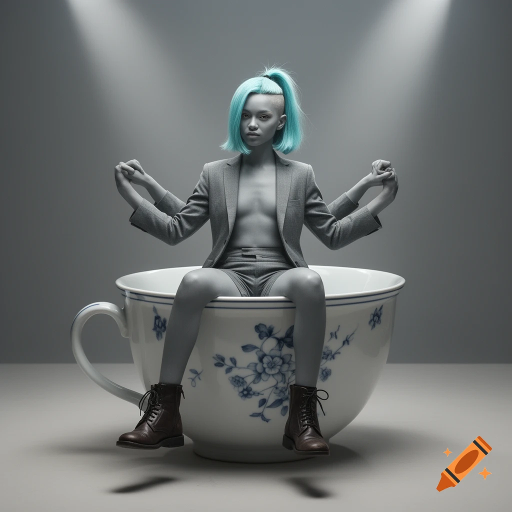 An androgynous person with grey skin and four arms, wearing a grey suit and boots, sitting inside a large floral teacup.