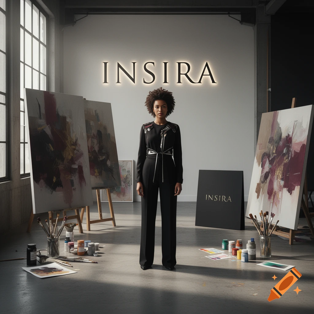 A woman standing in an art studio with large abstract paintings on easels and the name INSIRA on the wall.