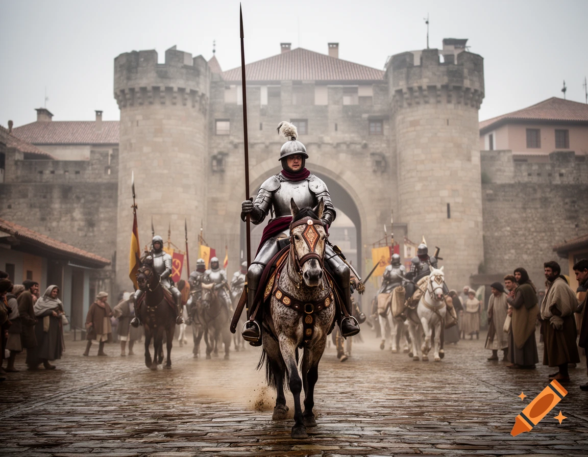 Spanish Tercios cavalry soldiers in armor entering a historic stone city gate, photorealistic style.