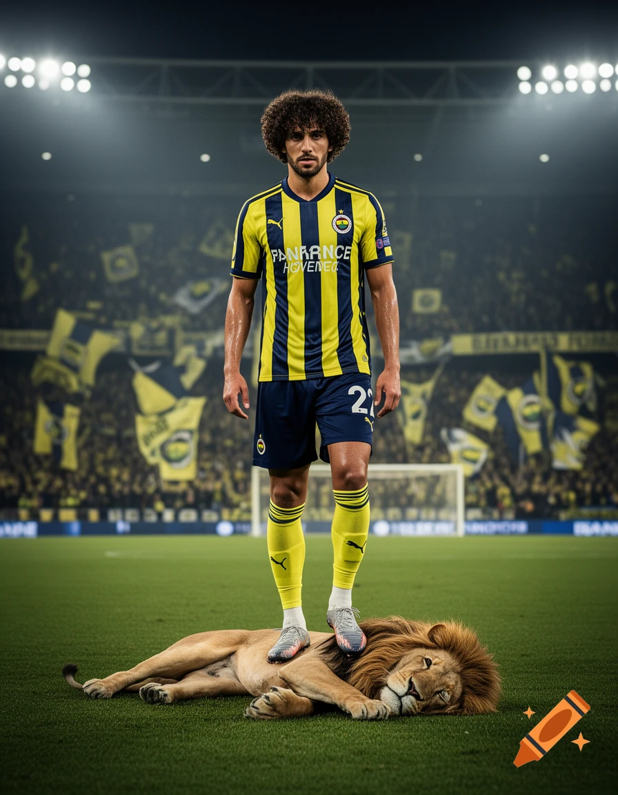 Photorealistic image of a soccer player standing with one foot on a resting lion on a stadium pitch.