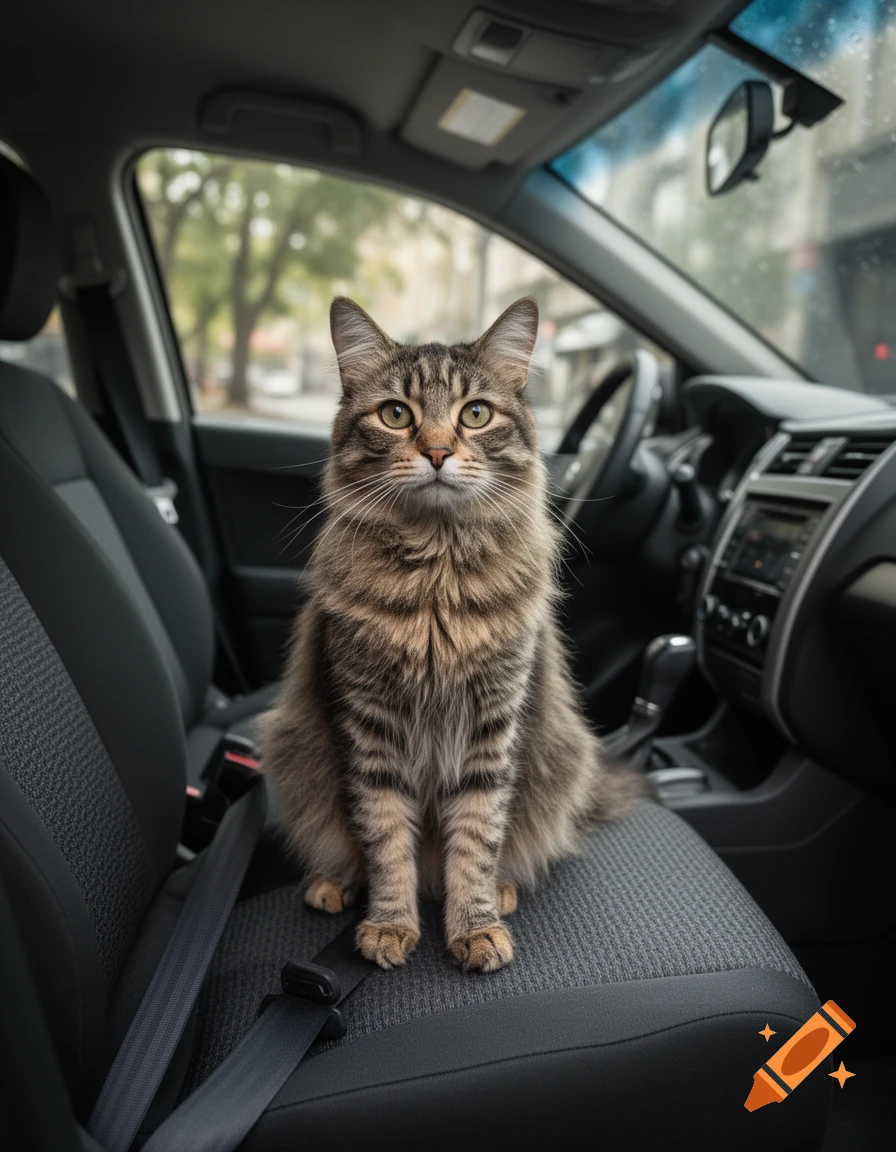 A photorealistic fluffy tabby cat sitting attentively on the front passenger seat of a car interior.