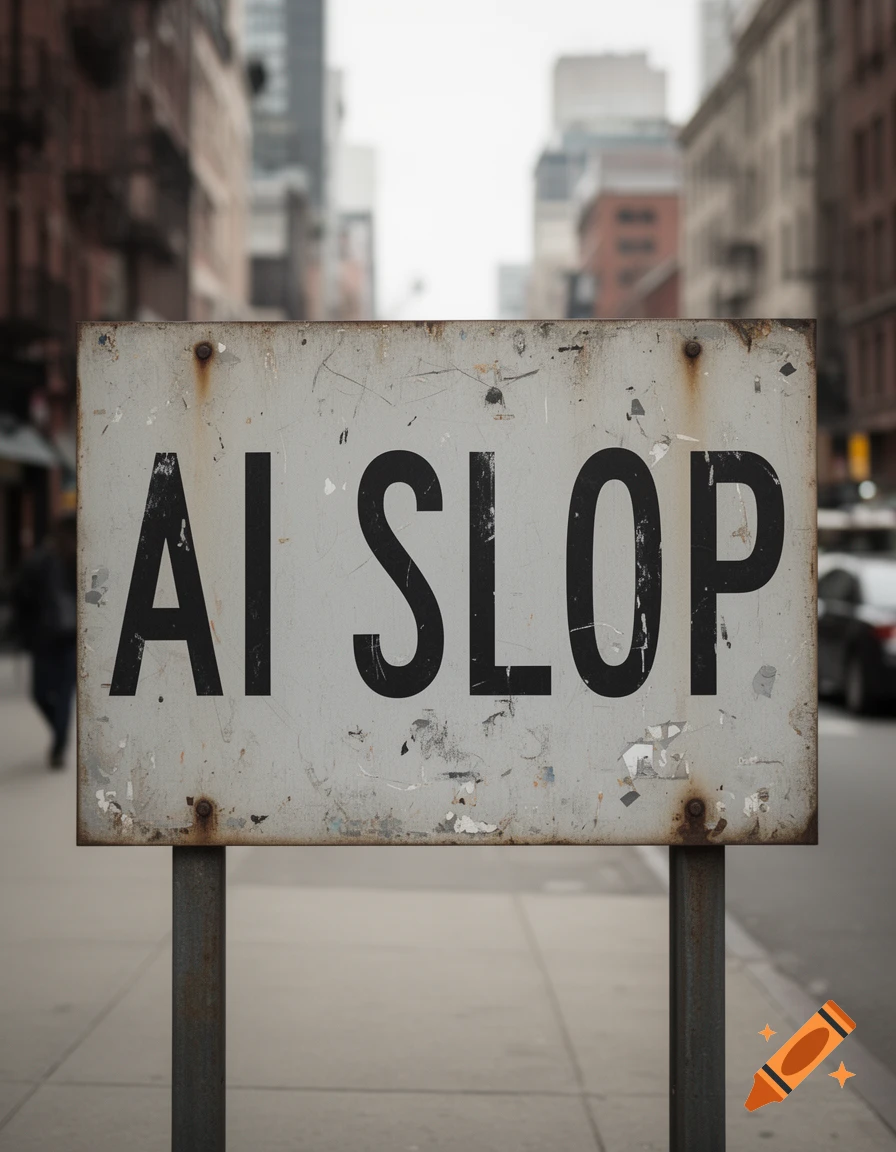 A weathered, rusted metal sign reading 'AI SLOP' in bold black capital letters, mounted on posts in an urban street setting.
