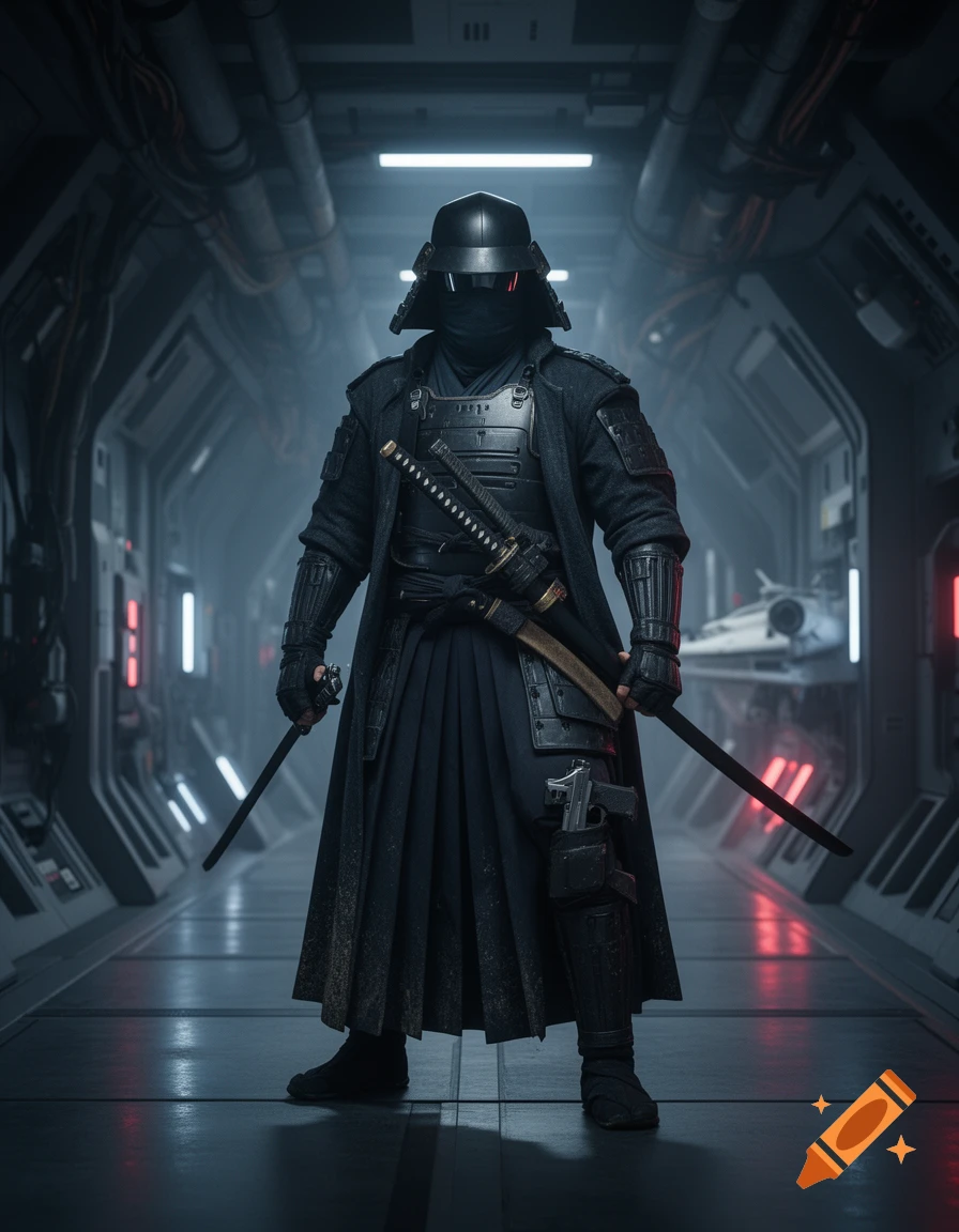 A full-body shot of a warrior in a black helmet, dark coat, and samurai-inspired armor standing in a futuristic sci-fi corridor.