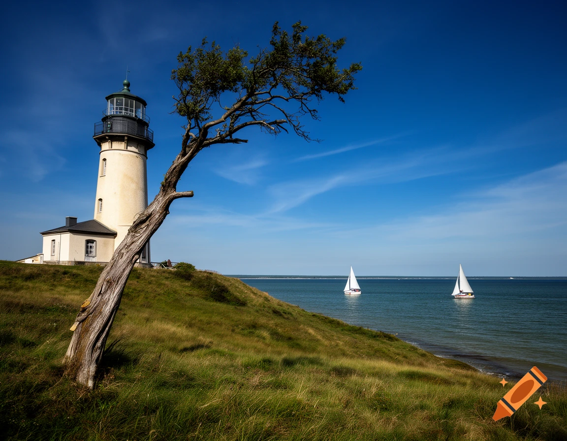 Realistic coastal landscape featuring a historic lighthouse, a leaning tree on a grassy hill, and two sailboats in the blue sea under a bright blue sky.