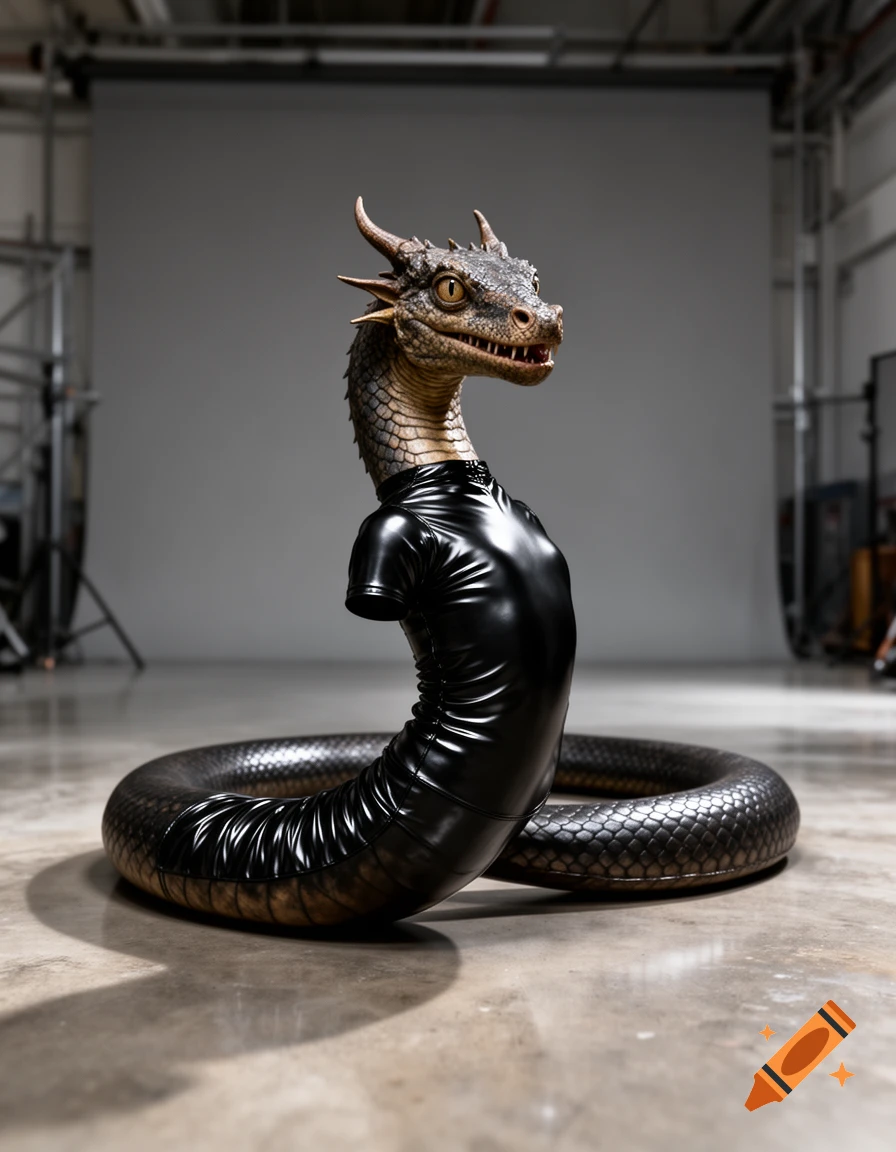 Photorealistic image of a dragon's head with a snake-like body wearing a black latex suit, standing in a studio.