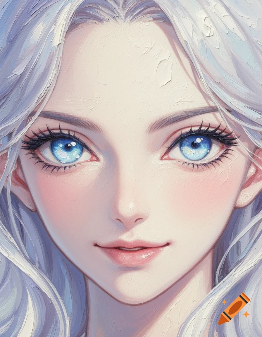 Close-up oil painting of a woman with white hair and bright blue eyes in anime style.