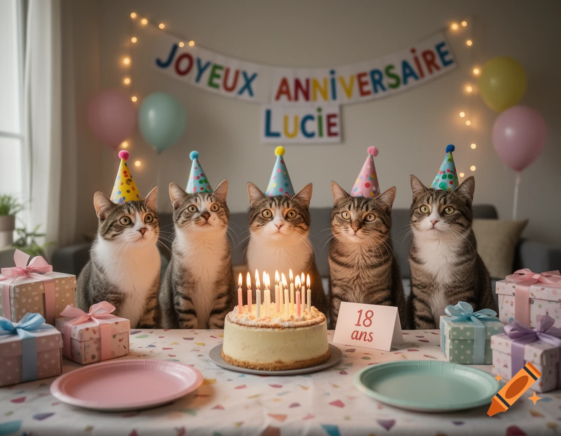 Five cute cats wearing party hats sit behind a birthday cake with lit candles, with a banner reading 'Joyeux Anniversaire Lucie' in the background.