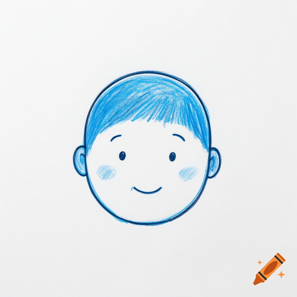 Colored pencil drawing of a minimalist, round-faced bald character with blue hair on white paper.