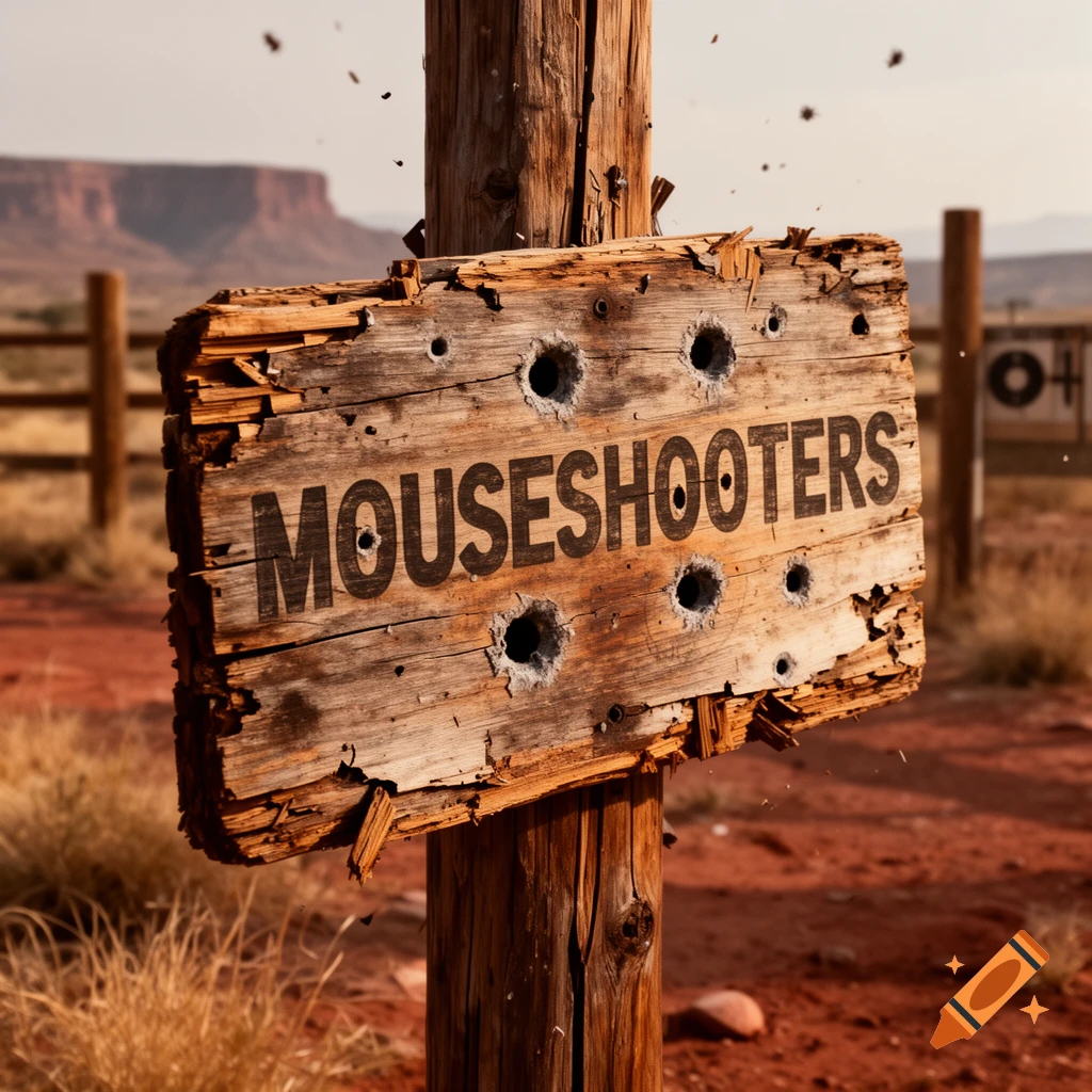 Photorealistic wooden western sign with bullet holes and the text MOUSESHOOTERS in a desert canyon setting.