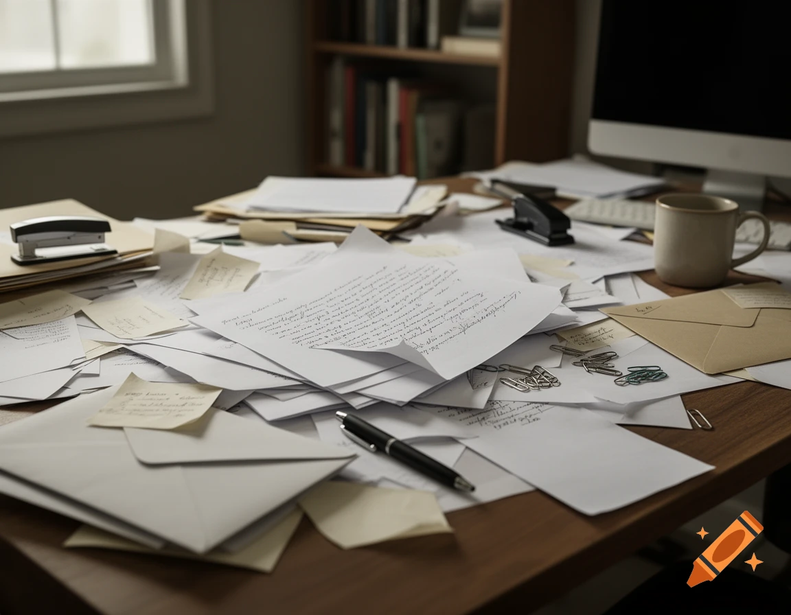 Photorealistic desk covered in messy paperwork, scattered documents, envelopes, a pen, and a coffee mug.