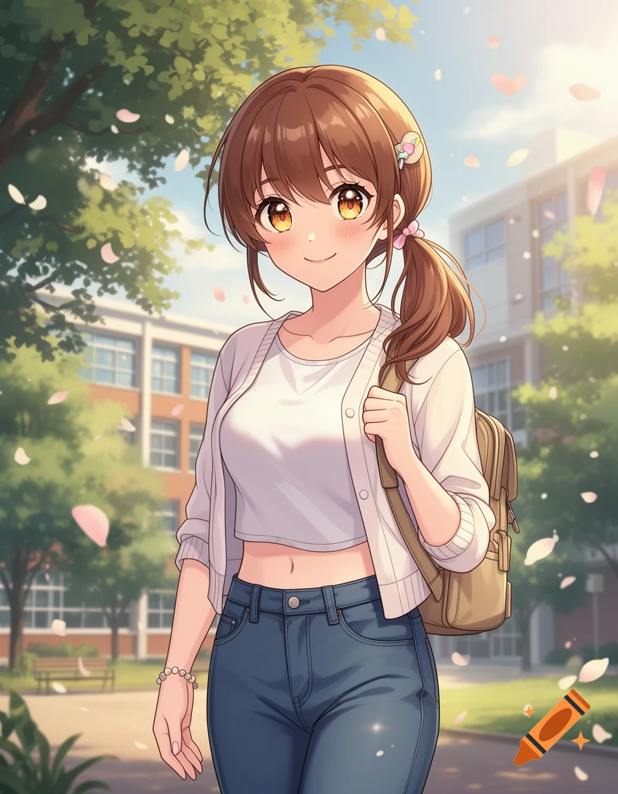 Anime girl with brown hair in a ponytail, wearing a white crop top, cardigan, and jeans, walking outdoors near a school building.