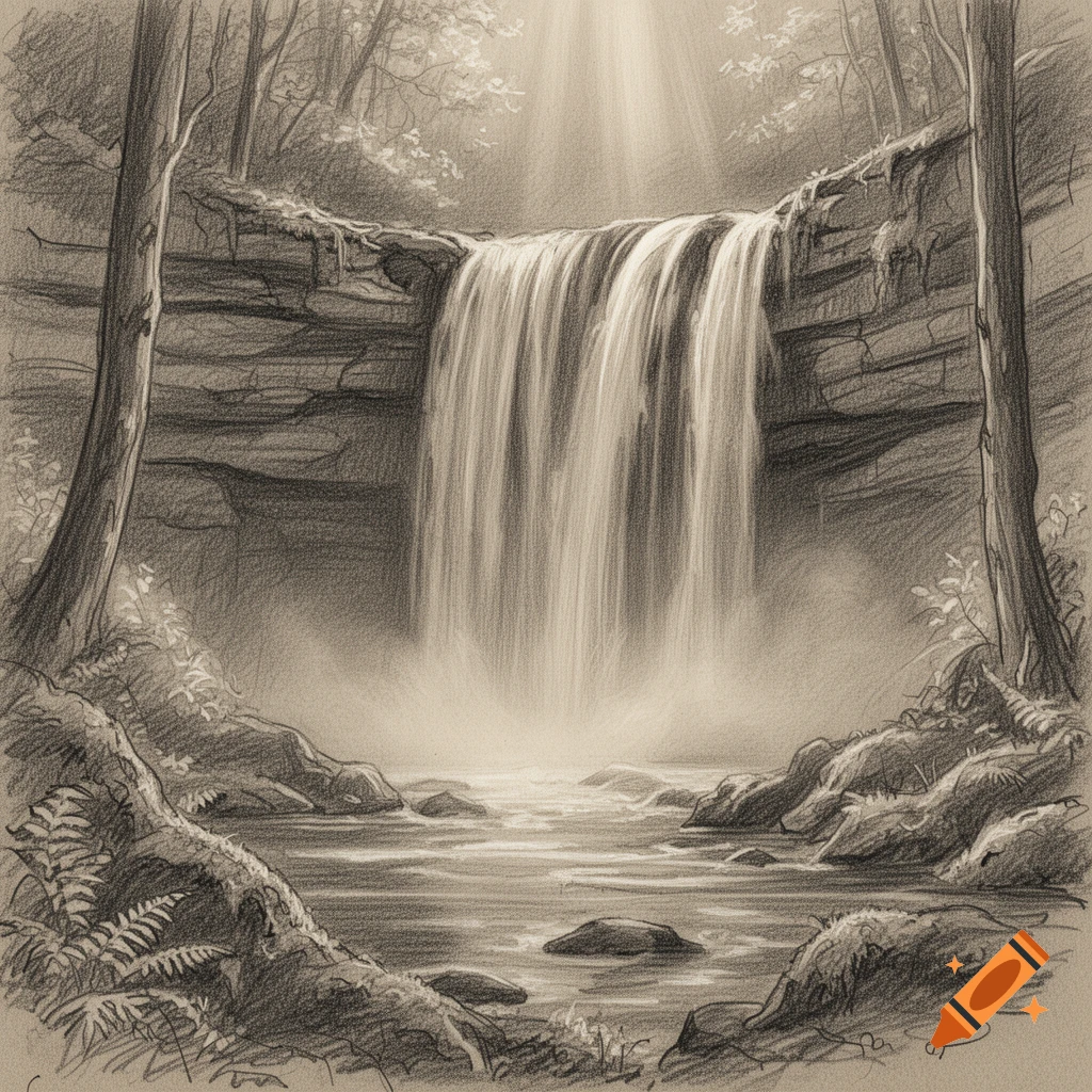 Pencil sketch of a forest waterfall cascading over rocky cliffs with sunbeams.