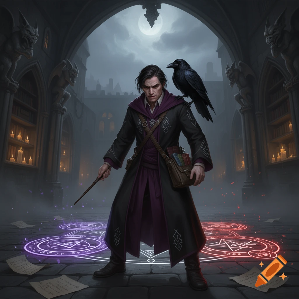 Digital illustration of an ill-tempered wizard student with a raven on his shoulder standing inside a gothic stone archway.