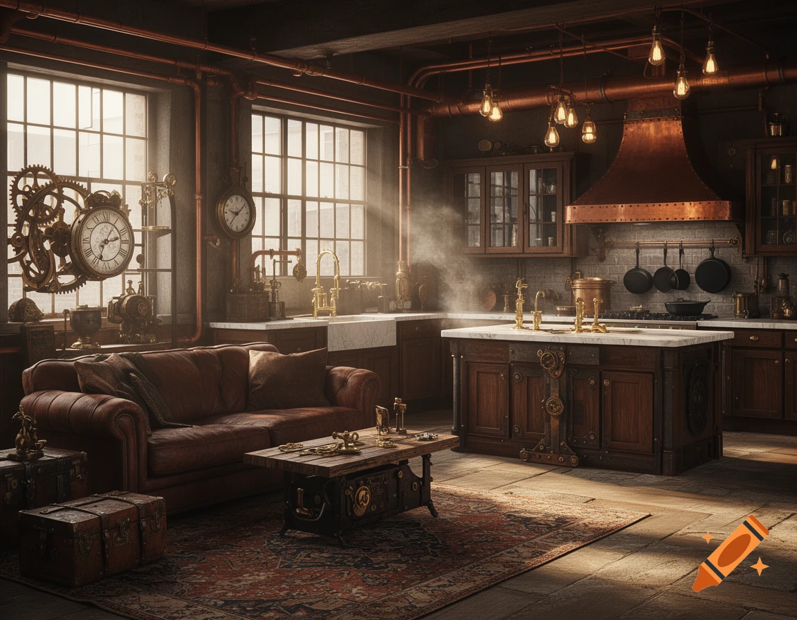 A photorealistic steampunk living room and kitchen interior with exposed copper pipes, warm lighting, and vintage machinery.
