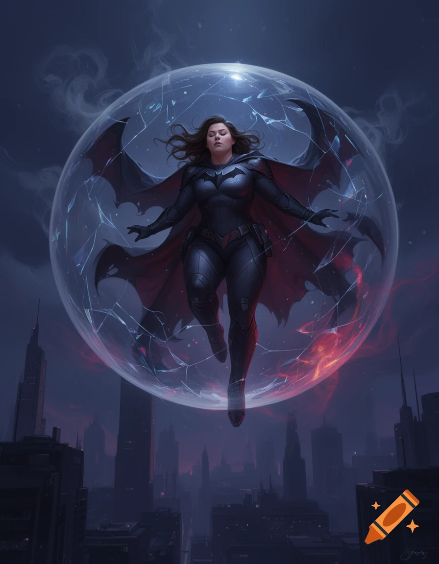 Plus-sized woman in Batgirl-inspired superhero suit trapped inside a glowing, cracked energy bubble floating above a city at night.