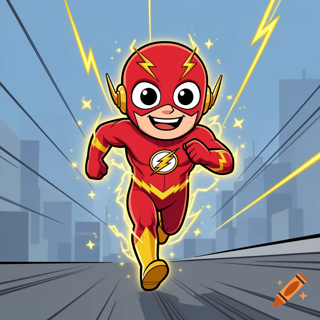 2D cartoony style character resembling Flash running forward with speed lightning effects against a city backdrop.