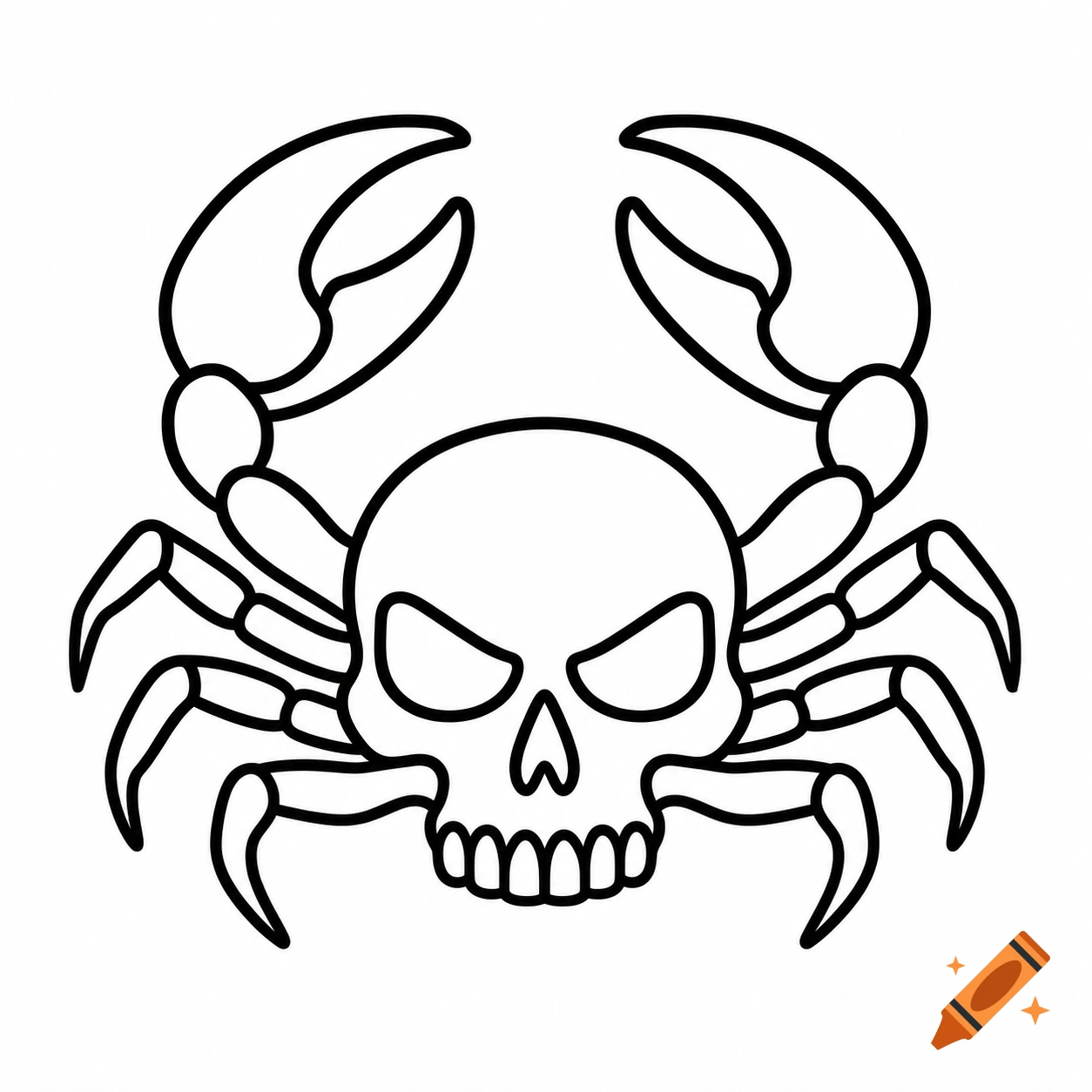 Black and white line art logo of a crab with a human skull for its body and glowing empty eye sockets.