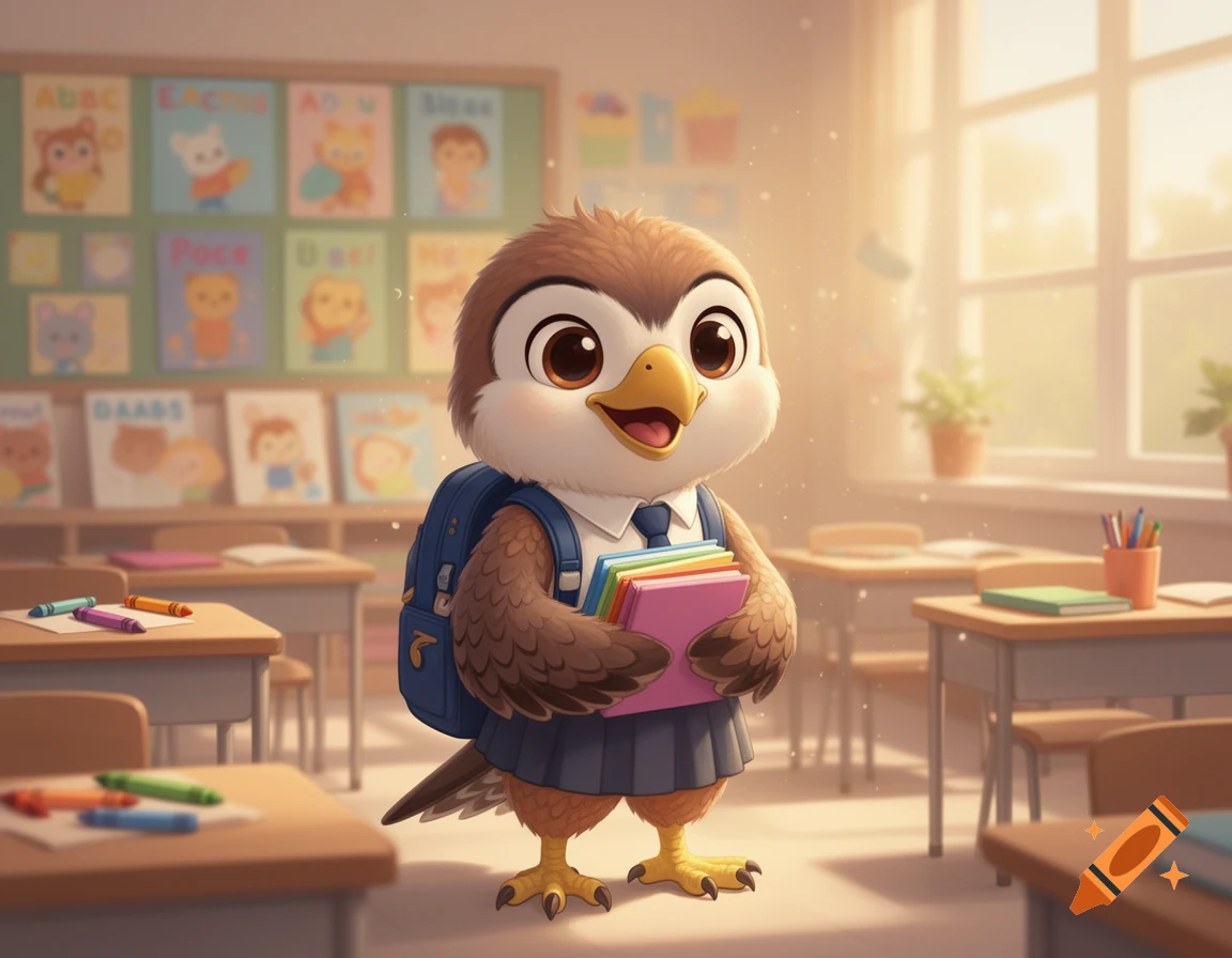 An adorable cartoon falcon holding books and wearing a school uniform in a classroom.