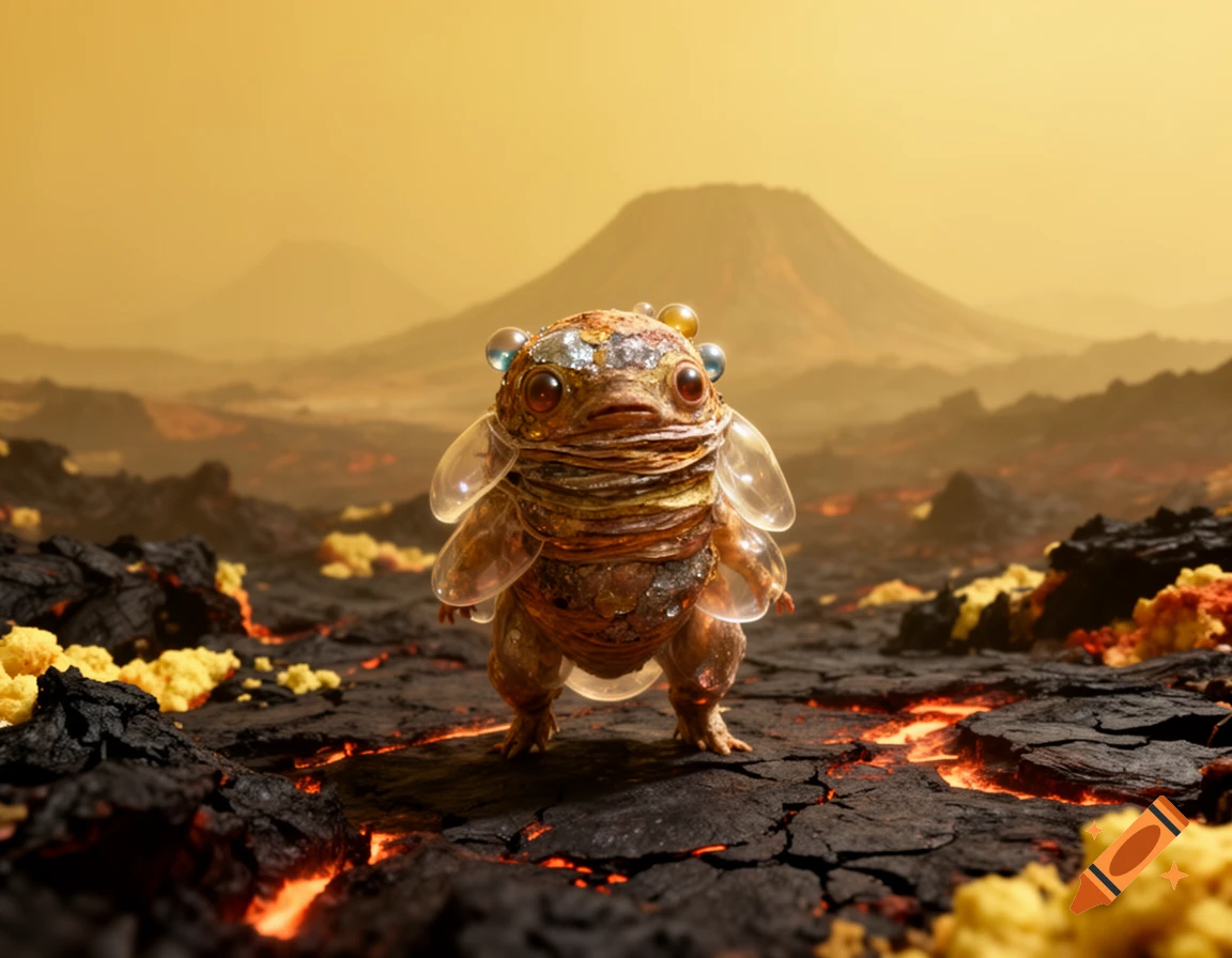 A photorealistic alien creature with translucent bubbles and fins standing on a volcanic landscape under a yellow sky.