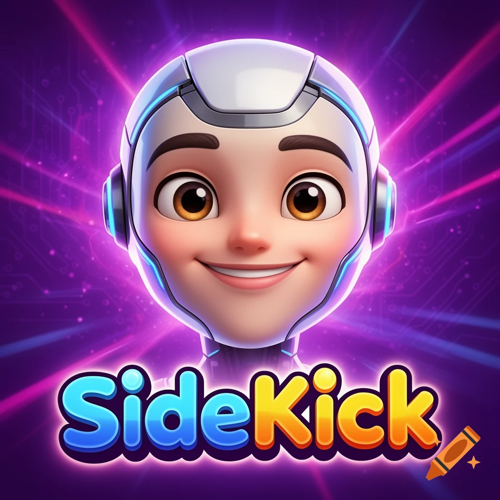 Close-up of a cartoony AI companion head with a white and blue helmet smiling against an electric purple background, with the word SideKick at the bottom.
