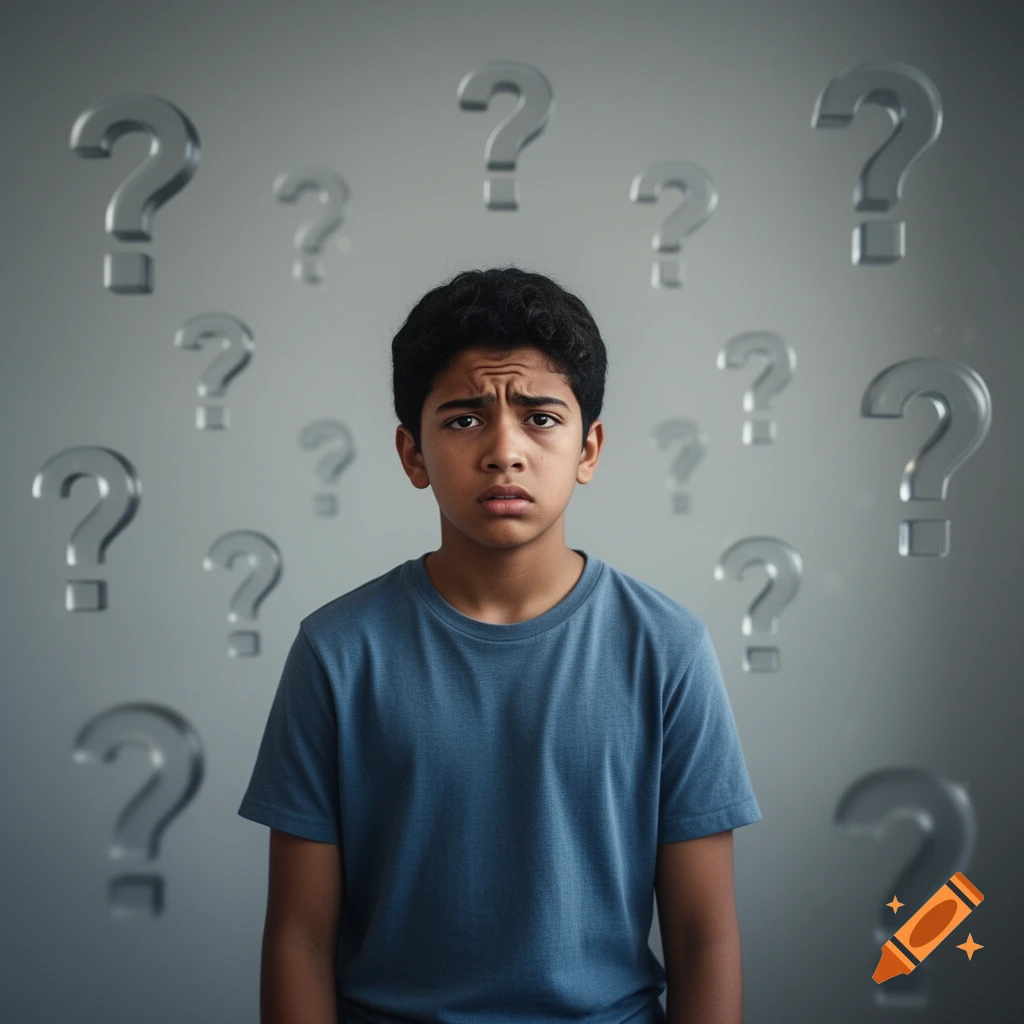 Photorealistic portrait of a concerned young person surrounded by floating question marks against a gray background