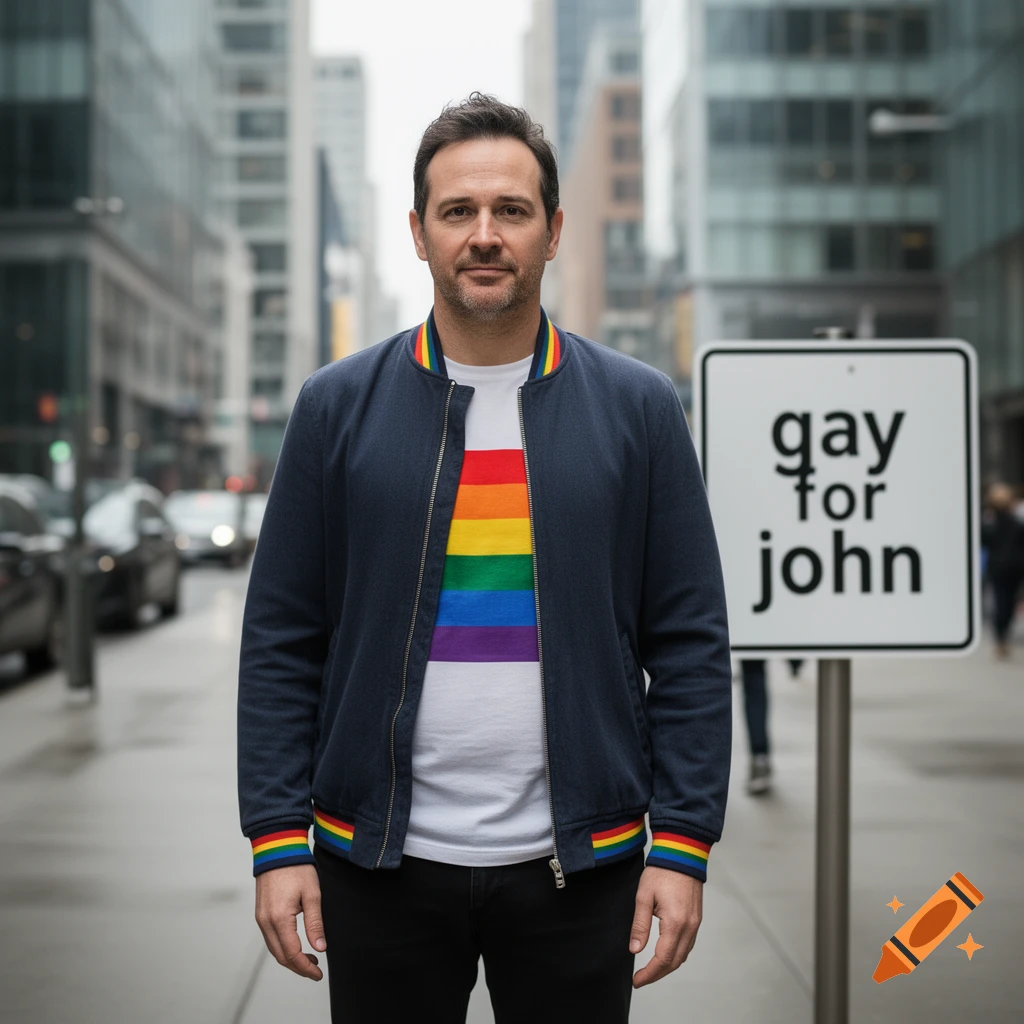 Photorealistic portrait of a man wearing a navy bomber jacket over a rainbow-striped shirt standing on a city street next to a sign that reads gay for john.
